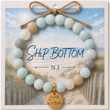Load image into Gallery viewer, Carded Ship Bottom Goldtone Beach Tag Amazonite Beaded Bracelet with twine bow
