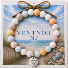 Load image into Gallery viewer, Carded Ventnor NJ Silvertone Beach Tag Amazonite Beaded Bracelet with twine bow

