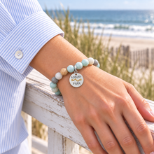Load image into Gallery viewer, Amazonite Asbury Park beach tag bracelet in silvertone worn by the ocean
