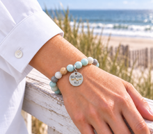 Load image into Gallery viewer, Amazonite Belmar NJ beach tag bracelet in silvertone worn by the ocean

