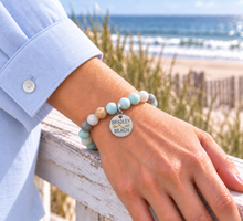 Load image into Gallery viewer, Amazonite Bradley Beach tag bracelet in silvertone worn by the ocean
