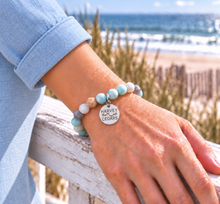 Load image into Gallery viewer, Amazonite Harvey Cedars beach tag bracelet in silvertone worn by the ocean
