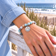 Load image into Gallery viewer, Amazonite Lavallette beach tag bracelet in silvertone worn by the ocean
