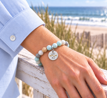 Load image into Gallery viewer, Amazonite LBI NJ beach tag bracelet in silvertone worn by the ocean
