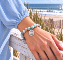 Load image into Gallery viewer, Amazonite Loveladies beach tag bracelet in silvertone worn by the ocean
