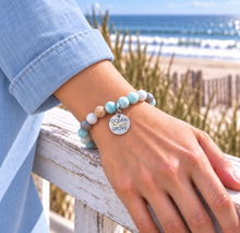 Load image into Gallery viewer, Amazonite Ocean Grove beach tag bracelet in silvertone worn by the ocean
