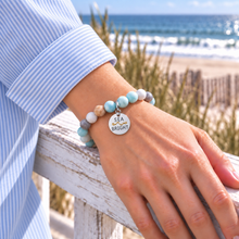 Load image into Gallery viewer, Amazonite Sea Bright beach tag bracelet in silvertone worn by the ocean
