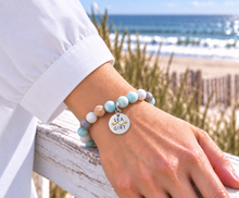 Load image into Gallery viewer, Amazonite Sea Girt beach tag bracelet in silvertone worn by the ocean
