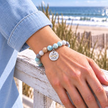 Load image into Gallery viewer, Amazonite Sea Isle beach tag bracelet in silvertone worn by the ocean
