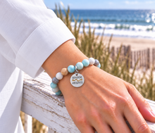 Load image into Gallery viewer, Amazonite Seaside Heights beach tag bracelet in silvertone worn by the ocean
