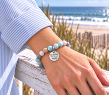 Load image into Gallery viewer, Amazonite Seaside Park beach tag bracelet in silvertone worn by the ocean
