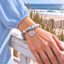 Load image into Gallery viewer, Amazonite Ship Bottom beach tag bracelet in silvertone worn by the ocean
