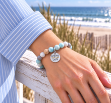 Load image into Gallery viewer, Amazonite Spring Lake beach tag bracelet in silvertone worn by the ocean
