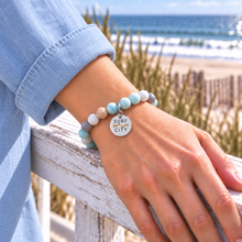 Load image into Gallery viewer, Amazonite Surf City beach tag bracelet in silvertone worn by the ocean
