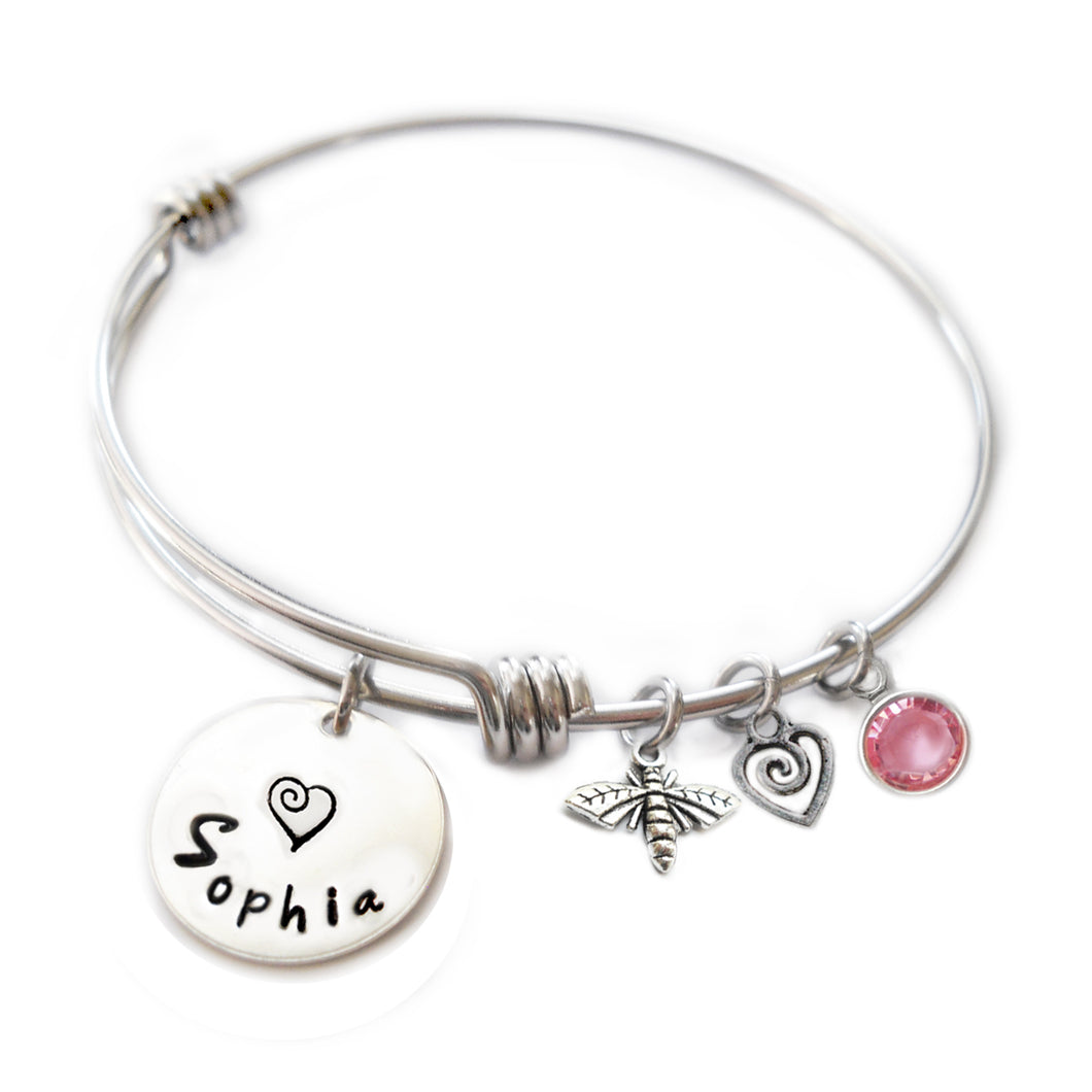 Personalized BUMBLEBEE Bangle Bracelet with Sterling Silver Name