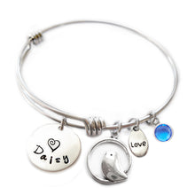 Load image into Gallery viewer, Personalized BIRD ON PERCH Bangle Bracelet with Sterling Silver Name
