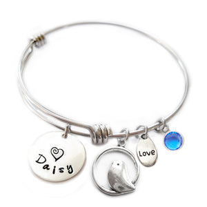 Personalized BIRD ON PERCH Bangle Bracelet with Sterling Silver Name