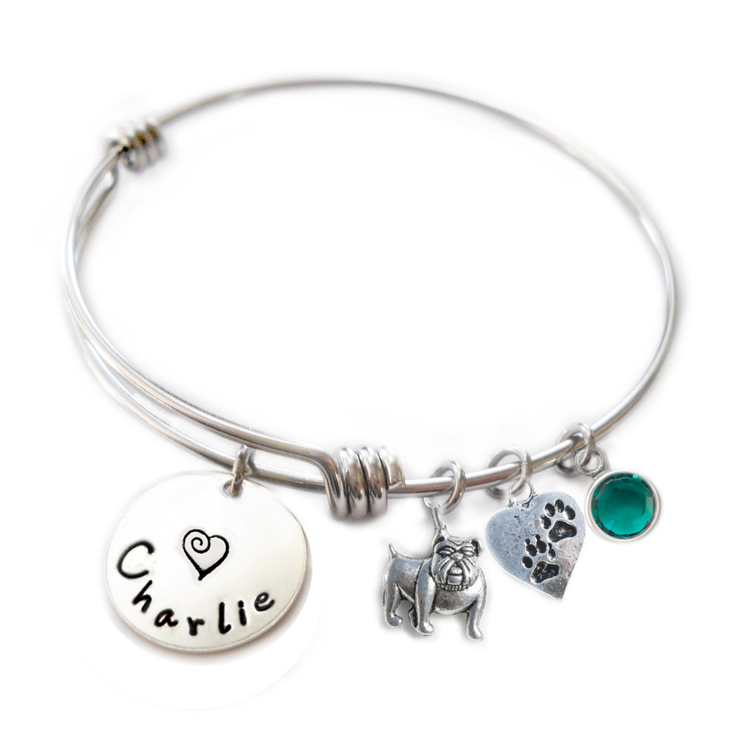 Personalized BULLDOG Bangle Bracelet  with Sterling Silver Name