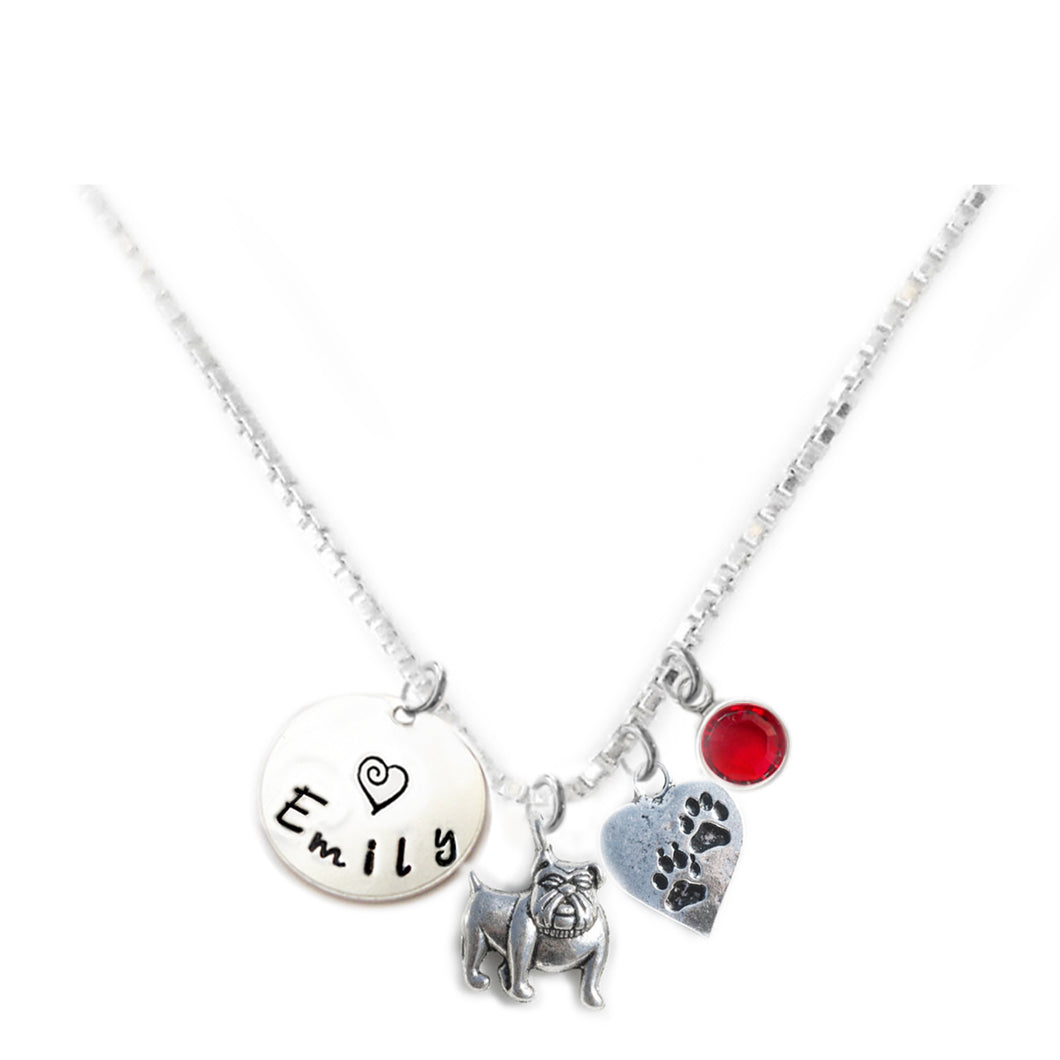 Personalized BULLDOG Charm Necklace with Sterling Silver Name