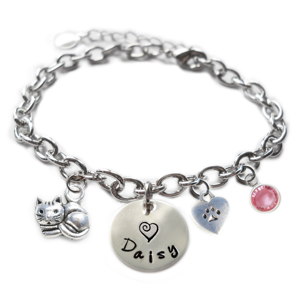 Personalized CUTIE CAT Sterling Silver Name Charm Bracelet
