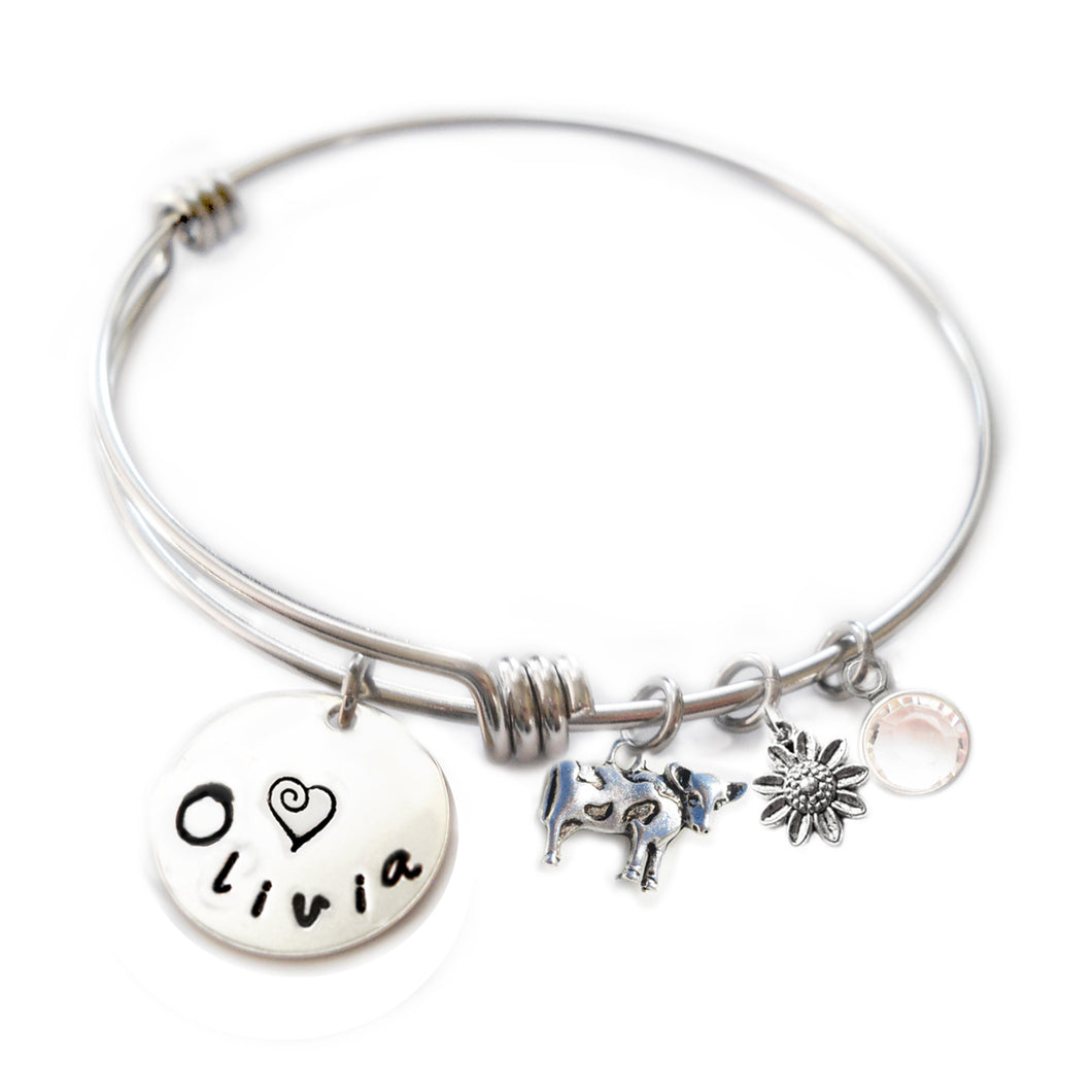 Personalized COW Bangle Bracelet with Sterling Silver Name