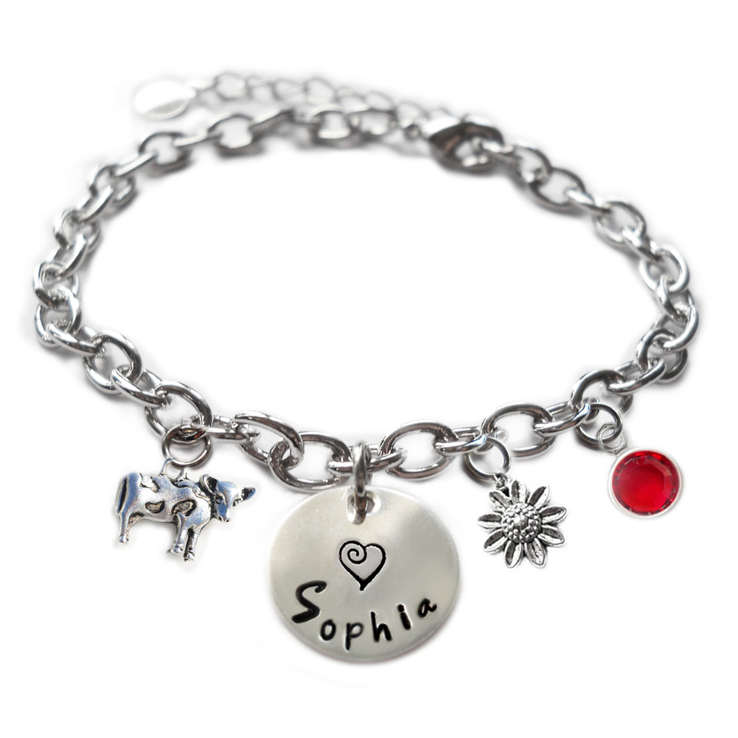 Personalized COW Sterling Silver Name Charm Bracelet