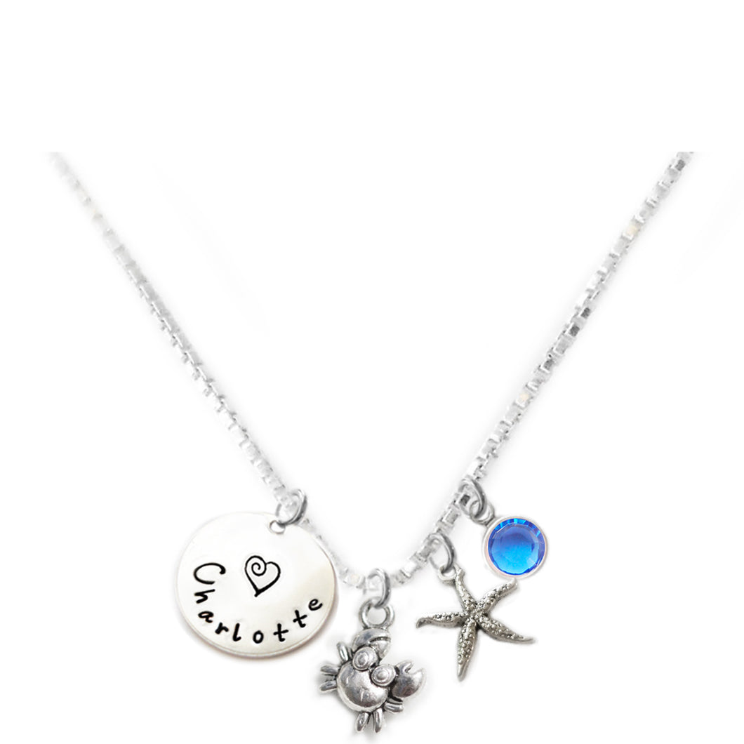Personalized CUTIE CRAB Charm Necklace with Sterling Silver Name
