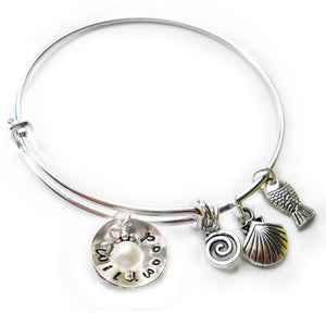 Wildwood NJ Cupped Sterling Beach Bangle with Pearl