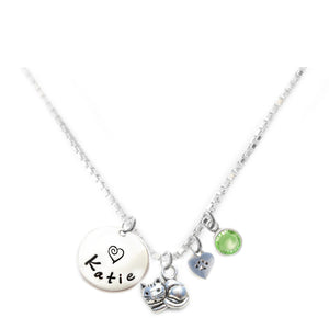 Personalized CUTIE CAT Charm Necklace with Sterling Silver Name