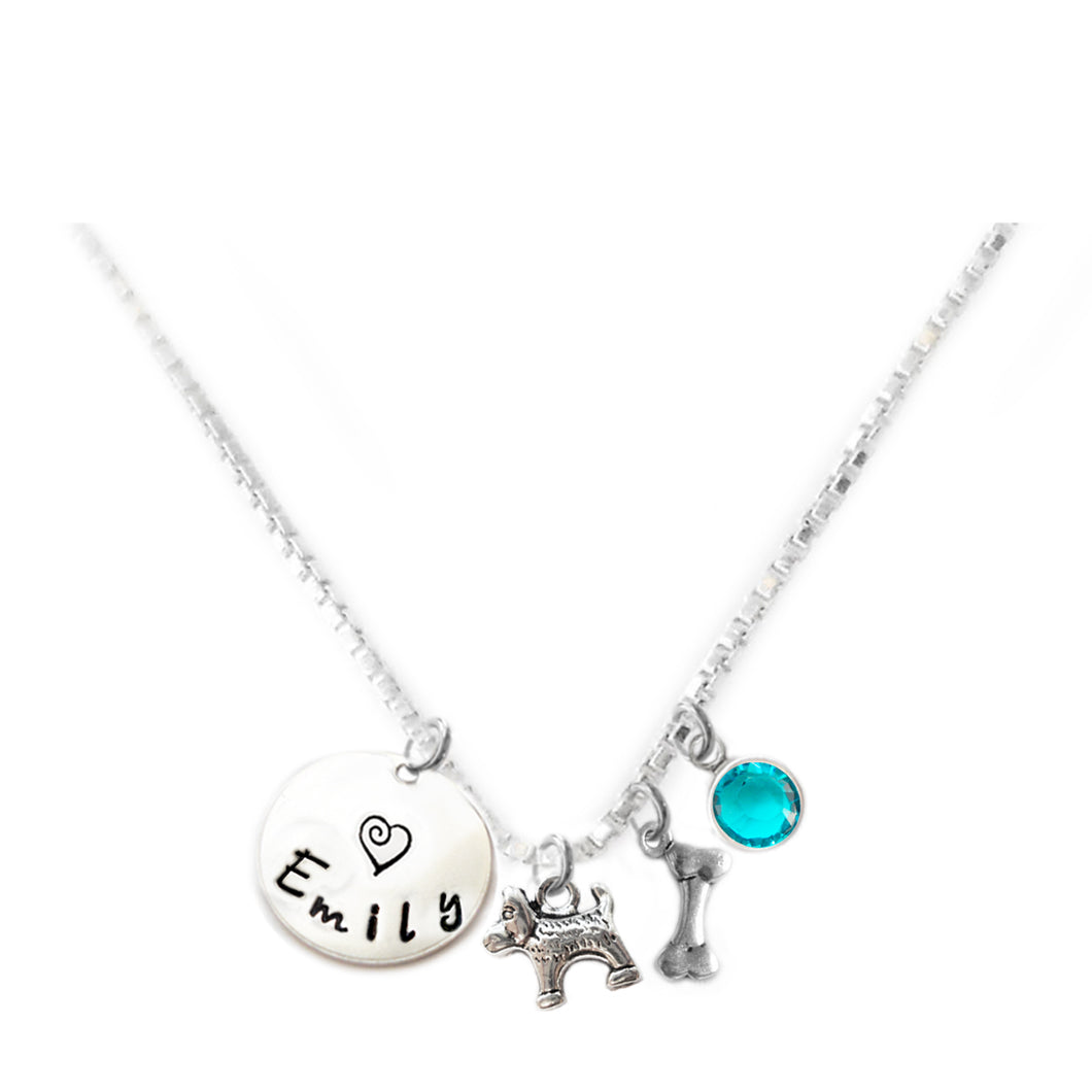 Personalized DOG AND BONE Charm Necklace with Sterling Silver Name