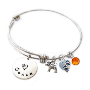 Personalized DOG AND PAWS Bangle Bracelet with Sterling Silver Name