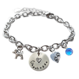 Personalized DOG AND PAWS Sterling Silver Name Charm Bracelet