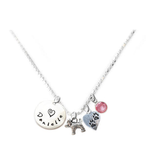 Personalized DOG AND PAWS Charm Necklace with Sterling Silver Name