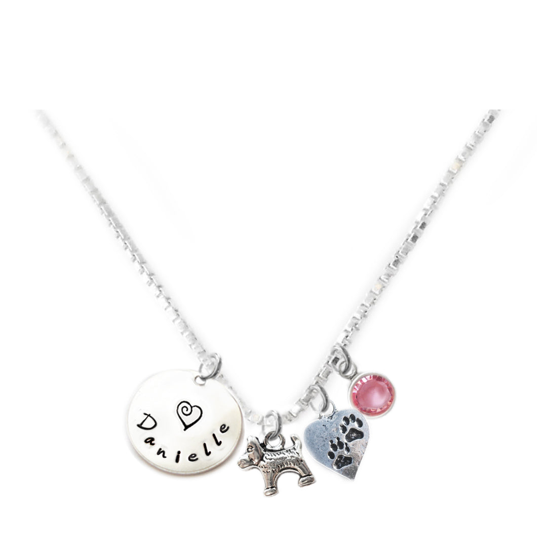 Personalized DOG AND PAWS Charm Necklace with Sterling Silver Name