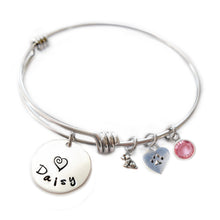 Load image into Gallery viewer, Personalized ITTY BITTY DOGGIE AND HEART PAW Bangle Bracelet with Sterling Silver Name
