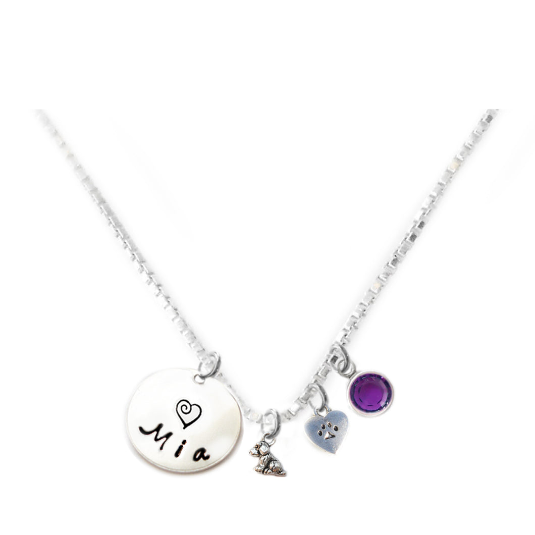 Personalized ITTY BITTY DOG AND HEART PAW Charm Necklace with Sterling Silver Name
