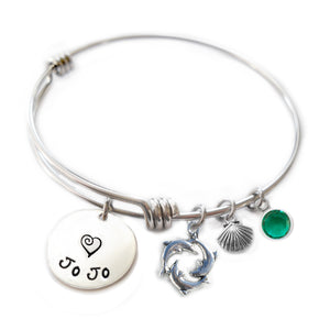 Personalized DOLPHINS Bangle Bracelet with Sterling Silver Name