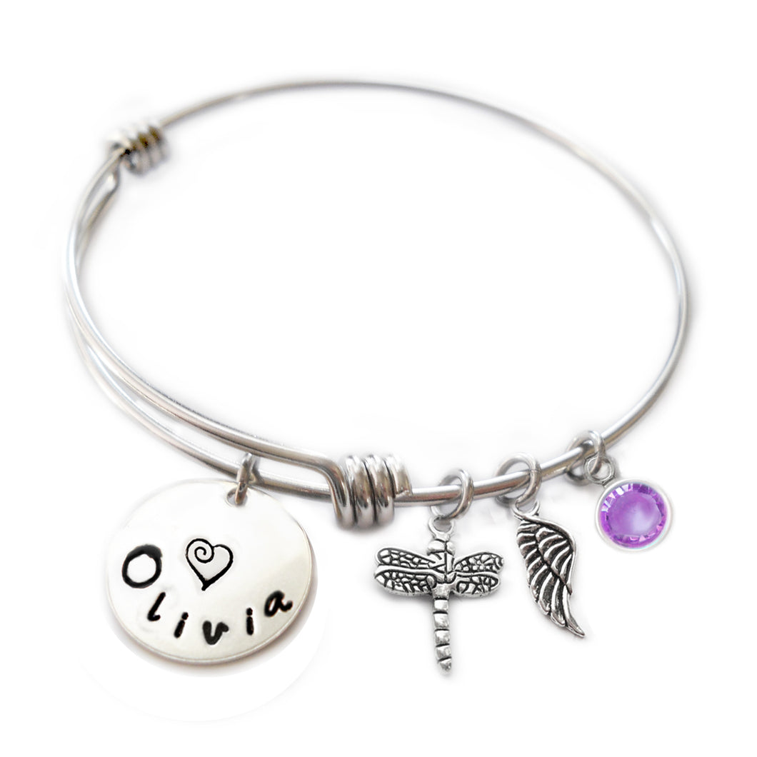 Personalized DRAGONFLY Bangle Bracelet with Sterling Silver Name
