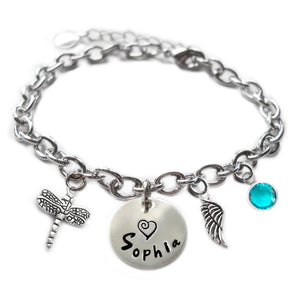 Personalized Dragonfly Sterling Silver Name Charm Bracelet