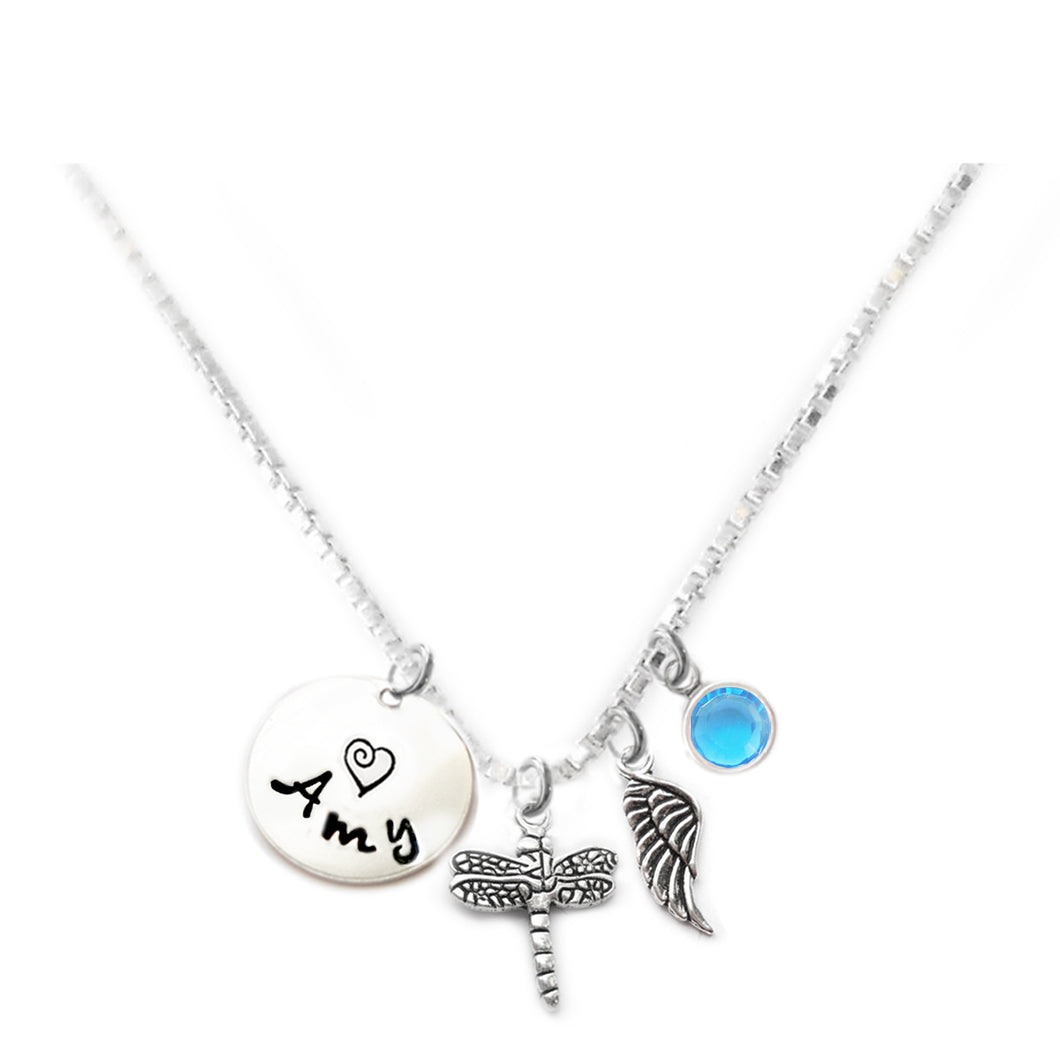 Personalized DRAGONFLY Charm Necklace with Sterling Silver Name