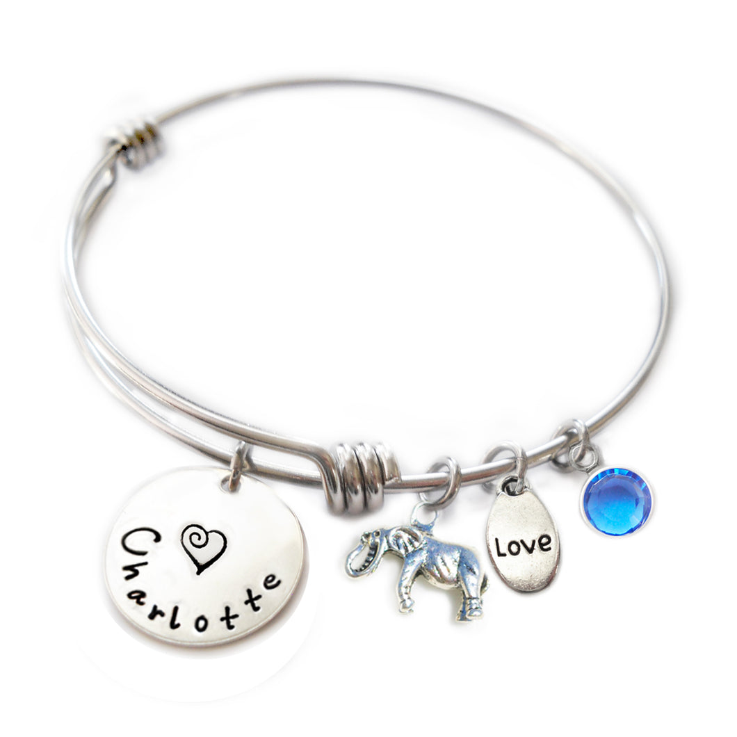 Personalized ELEPHANT Bangle Bracelet with Sterling Silver Name