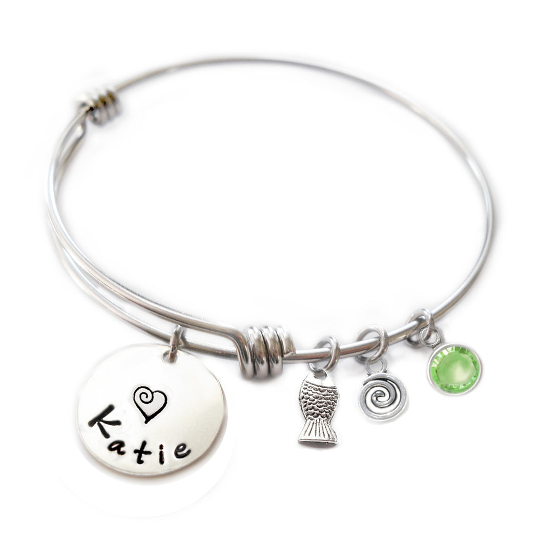 Personalized FISH Bangle Bracelet with Sterling Silver Name
