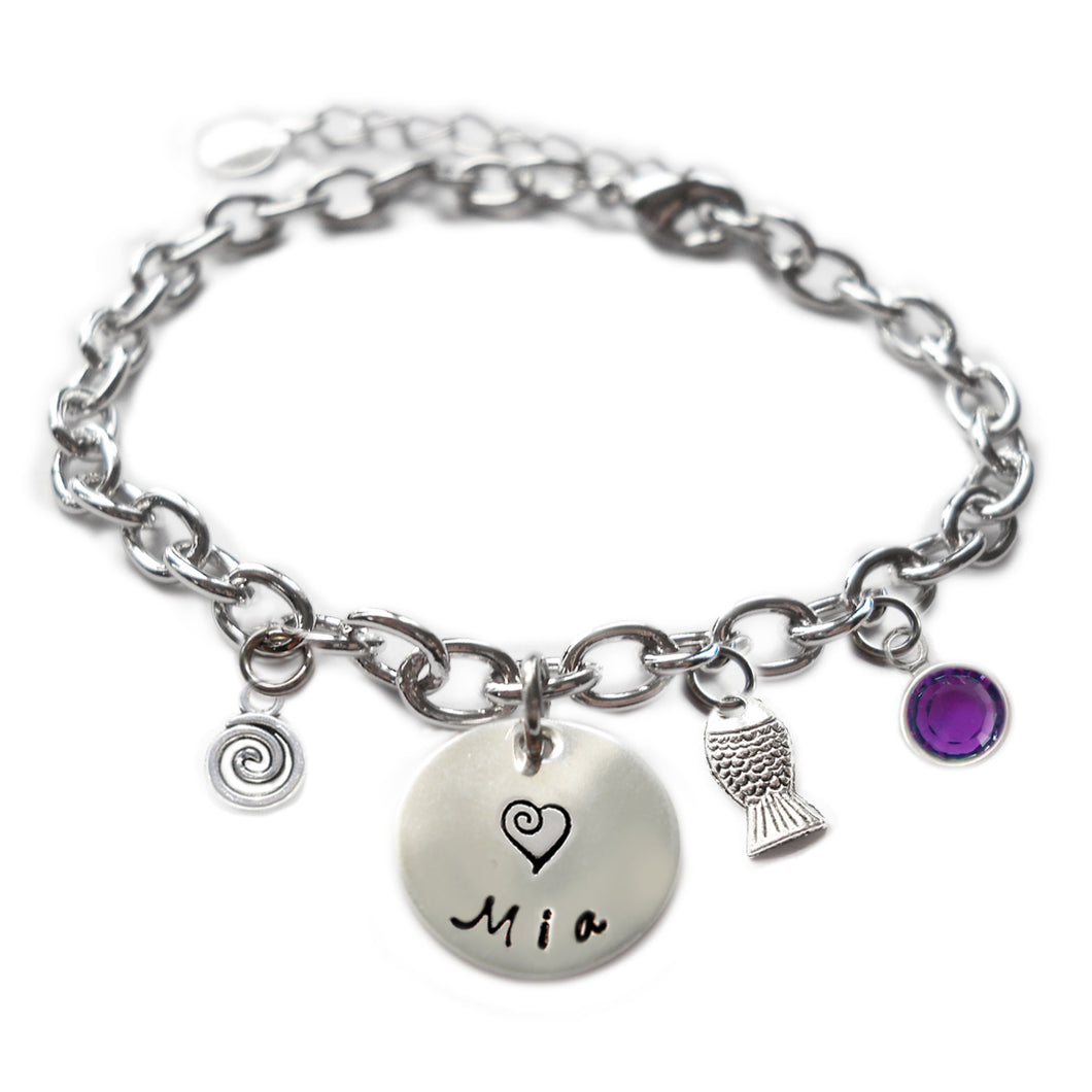 Personalized FISH Sterling Silver Name Charm Bracelet