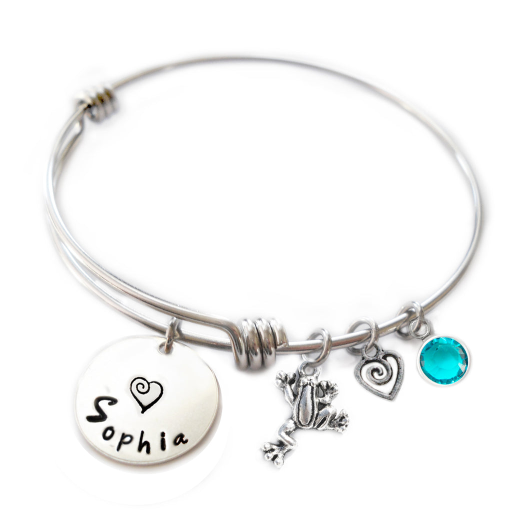 Personalized FROG Bangle Bracelet with Sterling Silver Name