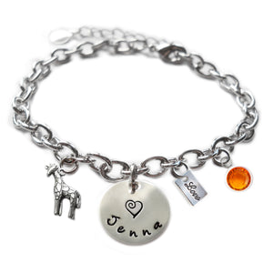 Personalized GIRAFFE Sterling Silver Name Charm Bracelet