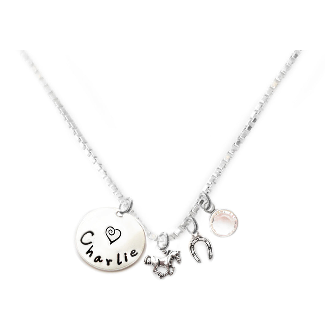 Personalized HORSE Charm Necklace with Sterling Silver Name