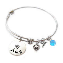 Load image into Gallery viewer, Personalized HUMMINGBIRD Bangle Bracelet with Sterling Silver Name
