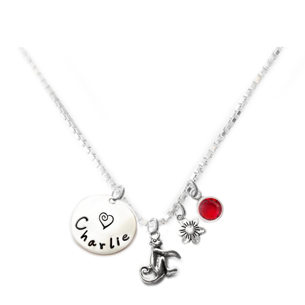 Personalized MONKEY Charm Necklace with Sterling Silver Name
