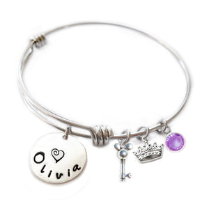 Personalized MOUSE EARS AND CROWN Bangle Bracelet with Sterling Silver Name