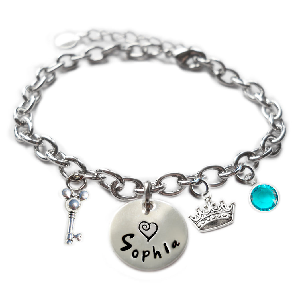 Personalized MOUSE EARS AND CROWN Sterling Silver Name Charm Bracelet